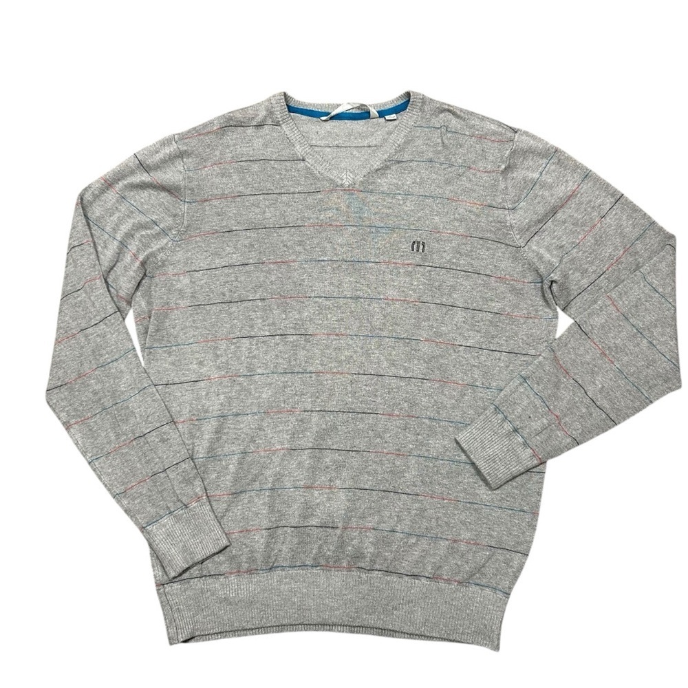 Travis Mathew men’s v neck gray rainbow striped sweater size XL pullover